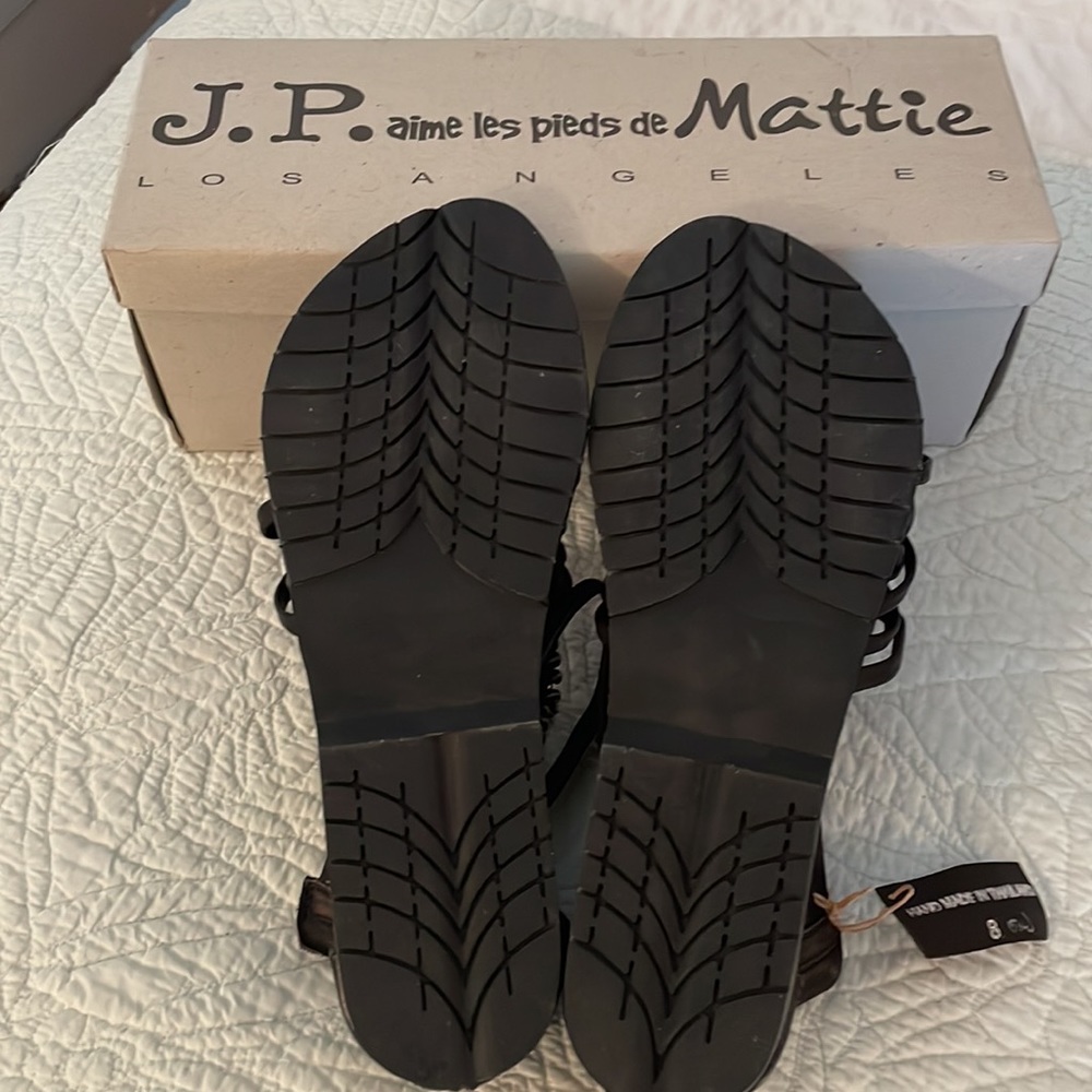 JP and Mattie black leather thong gladiator beaded sandal - Picture 4 of 9